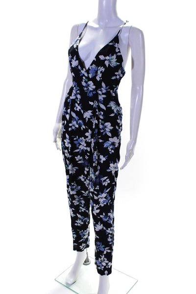 Angel Biba Womens Floral Print V-Neck Zipped Sleeveless Jumpsuit Blue Size 8