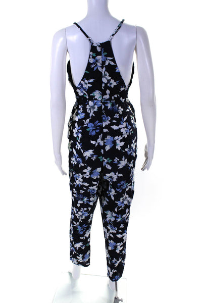 Angel Biba Womens Floral Print V-Neck Zipped Sleeveless Jumpsuit Blue Size 8