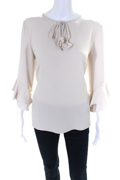 Paule Ka Women's Round Neck Bell Sleeves Tie Neck Blouse Beige Size 42