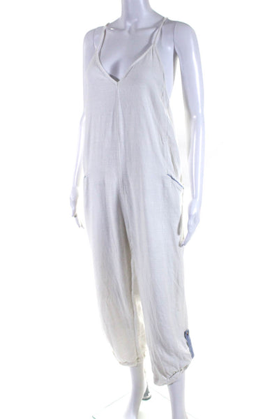 Nibi-Mtk Womens V Neck Spaghetti Strap Relaxed Fit Jumpsuit White Size M