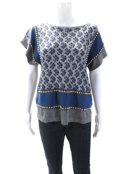 Zucca Womens Short Sleeve Faux Pearl Trim Floral Knit Top Gray Blue Size Medium