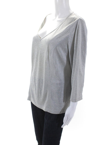 Escada Womens 3/4 Sleeve V Neck Metallic Knit Shirt Gray Size Italian 46