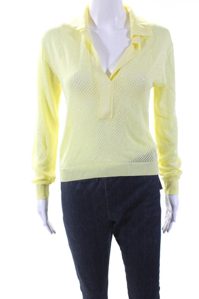 Tibi Womens Long Sleeve Collared V Neck Open Knit Top Yellow Size Small