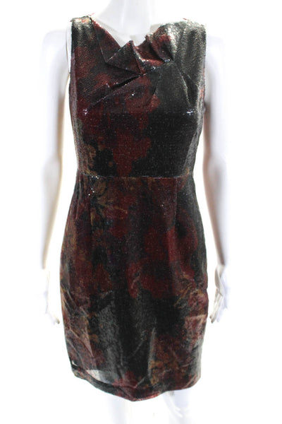 Elie Tahari Womens Asymmetrical Neck Floral Sequin Pencil Dress Red Black Size 2