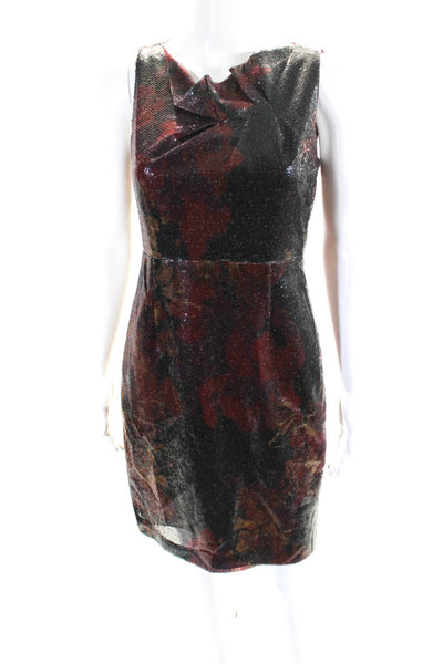 Elie Tahari Womens Asymmetrical Neck Floral Sequin Pencil Dress Red Black Size 2