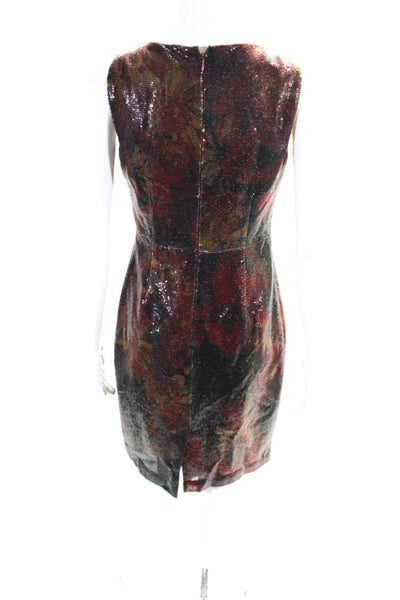 Elie Tahari Womens Asymmetrical Neck Floral Sequin Pencil Dress Red Black Size 2