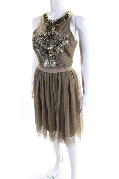 Robert Rodriguez Womens Beaded Sequined Sleeveless A Line Dress Brown Size 4