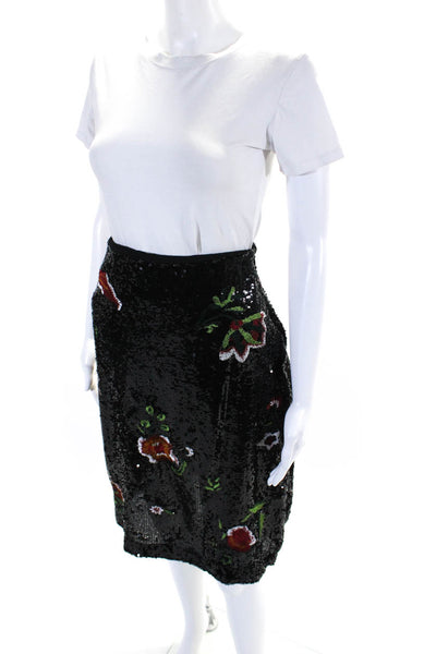 Maeve Anthropologie Womens Floral Sequined A Line Skirt Black Red Green Size 2