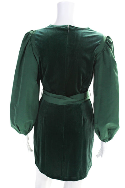 LDT Womens Velvet Puff Sleeve Belted Crew Neck Sheath Mini Dress Green Size 2