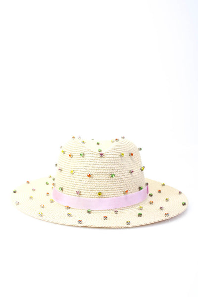 Bits And Pieces To Go Womens Straw Multicolor Crystal Sun Hat Beige Size OS