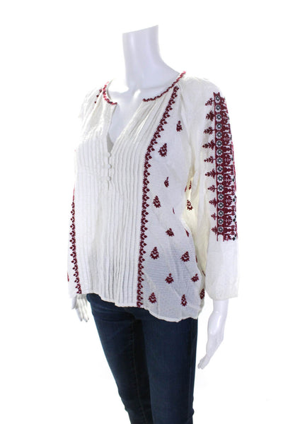 Joie Cotton Long Sleeve Embroidered V Neck Blouse White Size XS