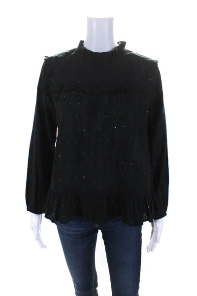 Joie Womens Cotton Spotted Metallic Ruffle Trim Long Sleeve Blouse Black Size S