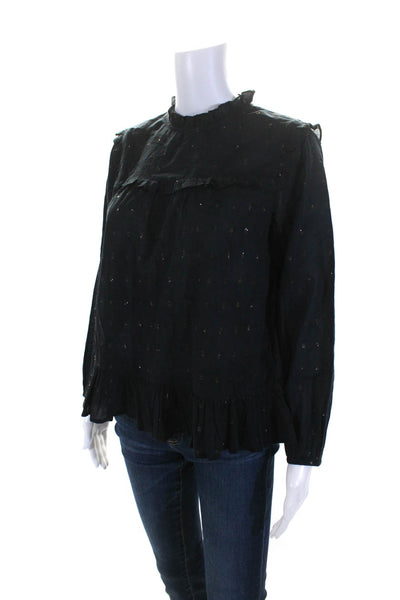 Joie Womens Cotton Spotted Metallic Ruffle Trim Long Sleeve Blouse Black Size S