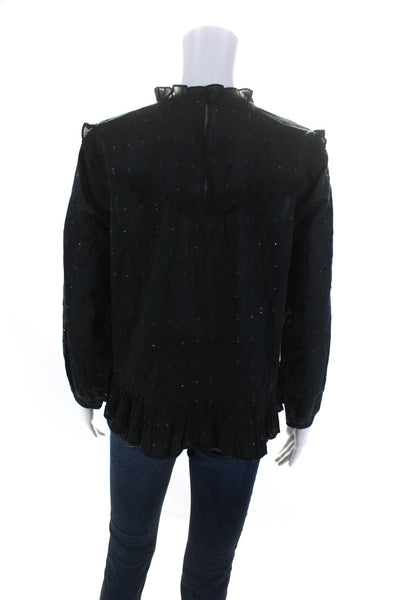 Joie Womens Cotton Spotted Metallic Ruffle Trim Long Sleeve Blouse Black Size S