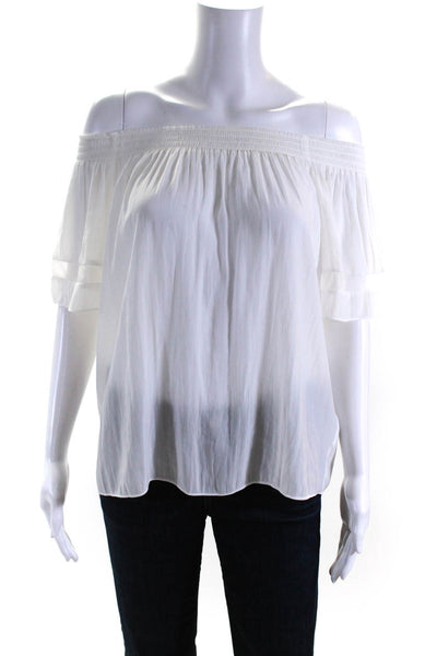 Ramy Brook Womens Smocked Short Sleeve Blouse White Size XS