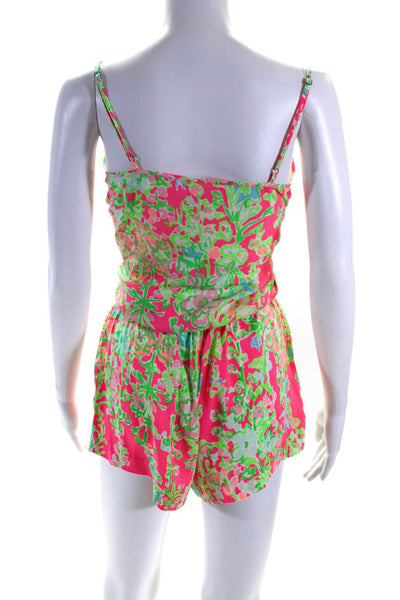 Lily Pulitzer Womens V Neck Floral Spaghetti Strap Belted Romper Pink Size S