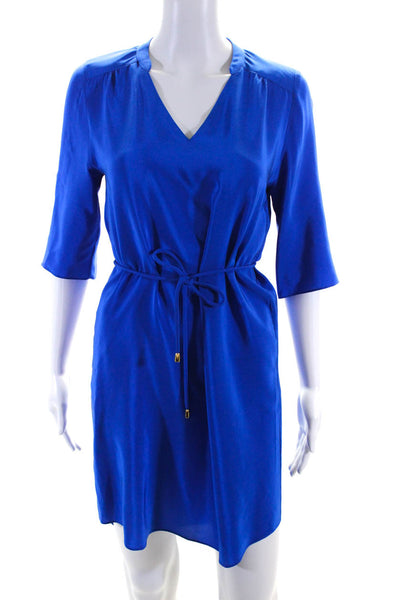 Amanda Uprichard Womens Silk Short Sleeve V Neck Shift Dress Blue Size P/S
