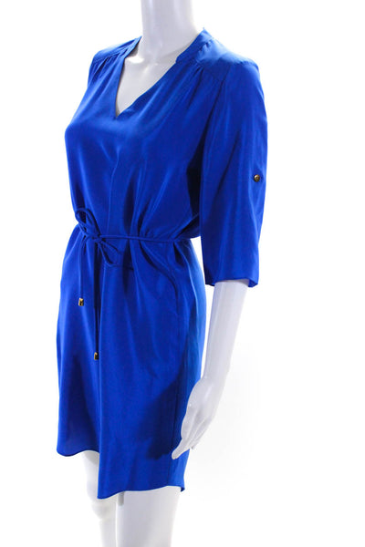 Amanda Uprichard Womens Silk Short Sleeve V Neck Shift Dress Blue Size P/S