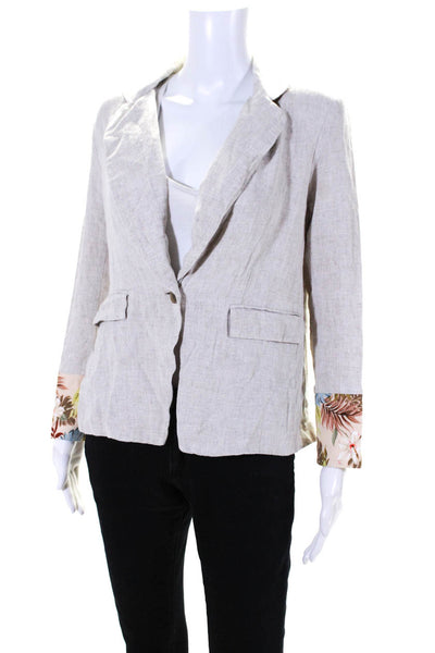 Drew Womens Beige Linen Floral Trim One Button Long Sleeve Blazer Size S