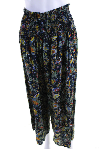 Tory Burch Womens Smocked Waistband Floral Print Wide Leg Slit Pants Blue Size S