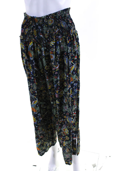 Tory Burch Womens Smocked Waistband Floral Print Wide Leg Slit Pants Blue Size S