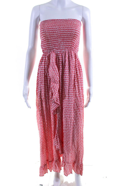 Tiare Hawaii Womens Strapless Smocked Spotted Ruffle Maxi Dress Pink Size O/S