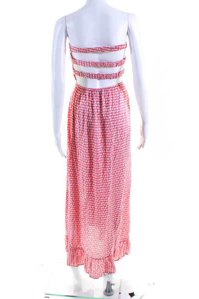 Tiare Hawaii Womens Strapless Smocked Spotted Ruffle Maxi Dress Pink Size O/S