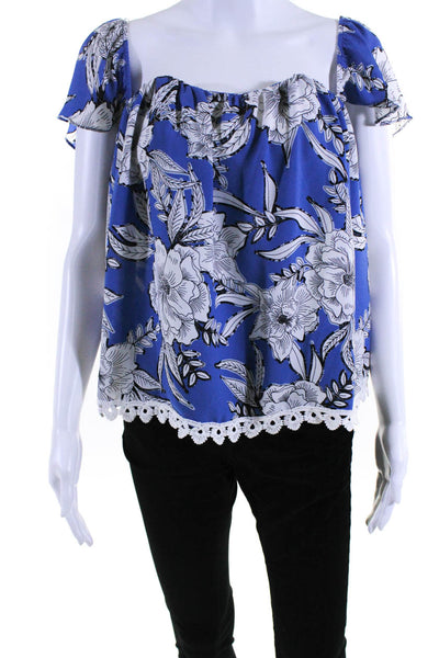 Lovers + Friends Womens Floral Print Lace Trim Off Shoulder Blouse Blue Size S