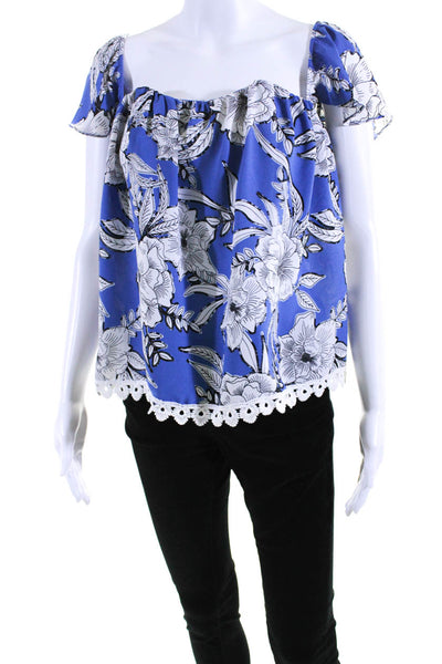 Lovers + Friends Womens Floral Print Lace Trim Off Shoulder Blouse Blue Size S