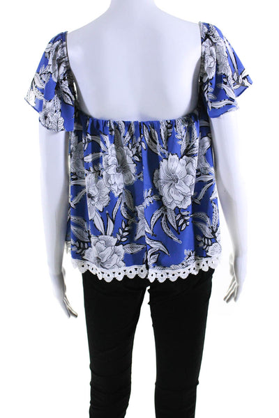 Lovers + Friends Womens Floral Print Lace Trim Off Shoulder Blouse Blue Size S