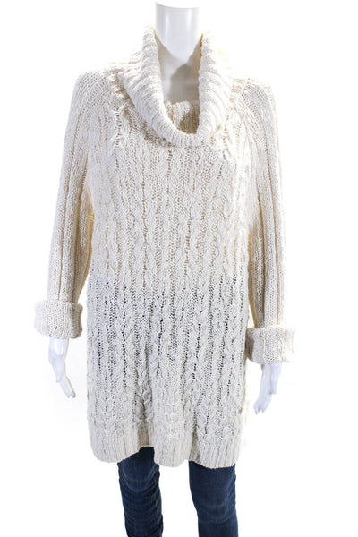 Free People Women's Turtleneck Cut-Out Long Sleeves Cable Knit Sweater Beige Siz