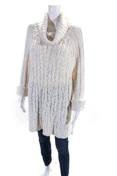 Free People Women's Turtleneck Cut-Out Long Sleeves Cable Knit Sweater Beige Siz