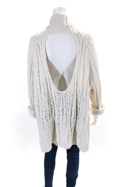 Free People Women's Turtleneck Cut-Out Long Sleeves Cable Knit Sweater Beige Siz