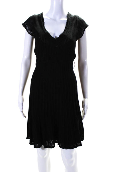BCBGMAXAZRIA Womens Black Open Knit V-Neck Short Sleeve Shift Dress Size S