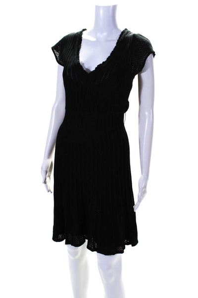 BCBGMAXAZRIA Womens Black Open Knit V-Neck Short Sleeve Shift Dress Size S