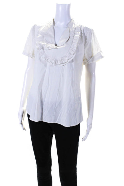 BCBGMAXAZRIA Womens Cotton Blend V-Neck Short Sleeve Blouse Top White Size M