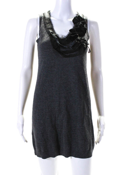 Nanette Lepore Womens Gray Wool V-Neck Embellished Sleeveless Shift Dress SizeXS