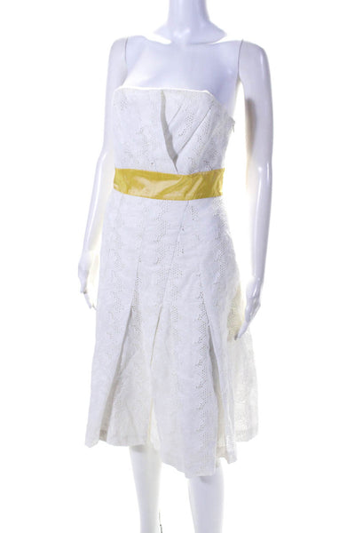 Tracy Reese Womens Eyelet Strapless A Line Dress White Yellow Cotton Size 6