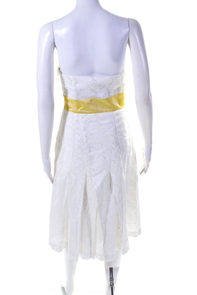 Tracy Reese Womens Eyelet Strapless A Line Dress White Yellow Cotton Size 6