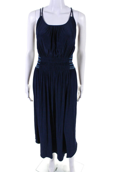 Ramy Brook Womens Crepe Smocked Waist Sleeveless A-Line Maxi Dress Navy Size S