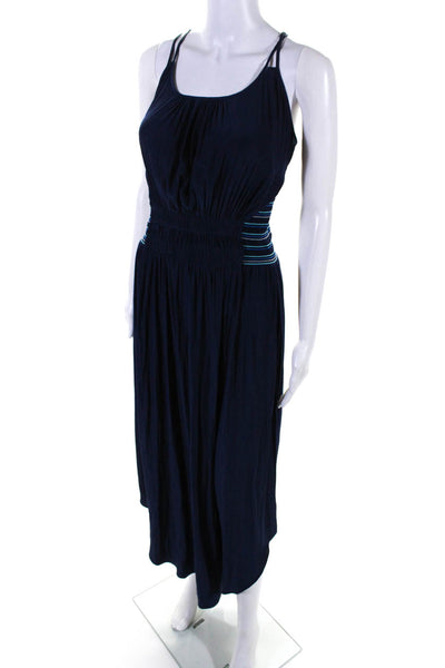 Ramy Brook Womens Crepe Smocked Waist Sleeveless A-Line Maxi Dress Navy Size S