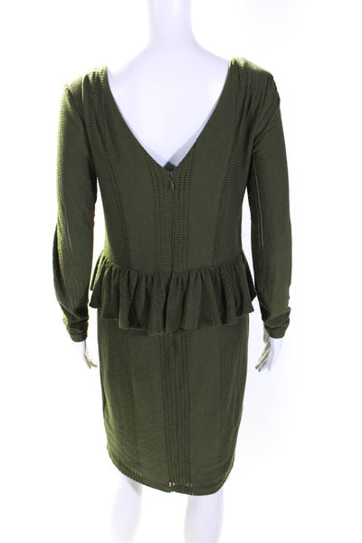 Cynthia Steffe Womens Open Knit Long Sleeves Midi Peplum Dress Green Size 6