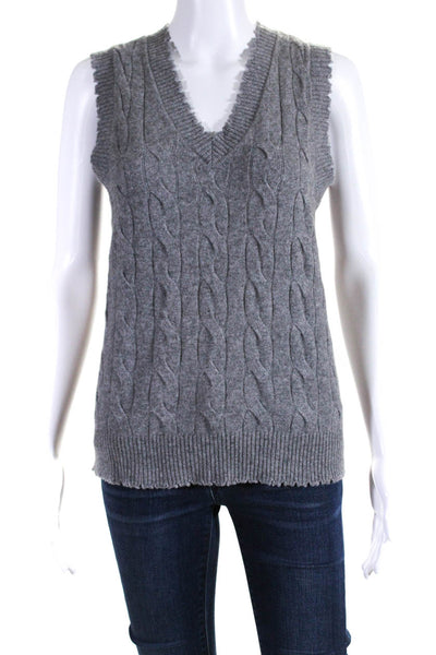 Minnie Rose Womens Distressed Hem V Neck Cable Knit Sweater Vest Gray Size XS