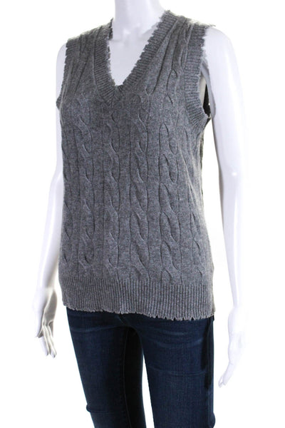 Minnie Rose Womens Distressed Hem V Neck Cable Knit Sweater Vest Gray Size XS