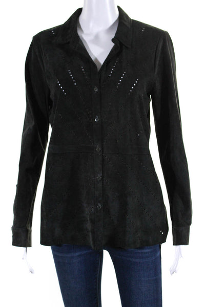 Ecru Womens Button Front Collared Laser Cut Suede Shirt Gray Size Small