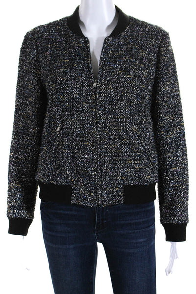 Rebecca Taylor Womens Woven Full Zippered Bomber Jacket Black Blue White Size 6