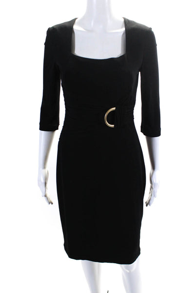 Kay Unger Womens Square Neck Long Sleeve Gathered Sheath Dress Black Size 4