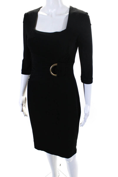 Kay Unger Womens Square Neck Long Sleeve Gathered Sheath Dress Black Size 4