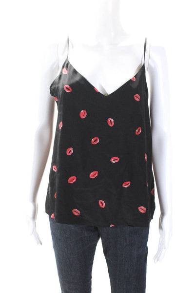 L'Agence Womens Black Silk Lips Print V-Neck Sleeveless Blouse Top Size M