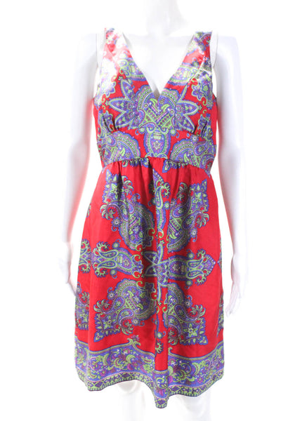 Tibi Womens Red Multicolor Paisley Print V-Neck Sleeveless Shift Dress Size 12